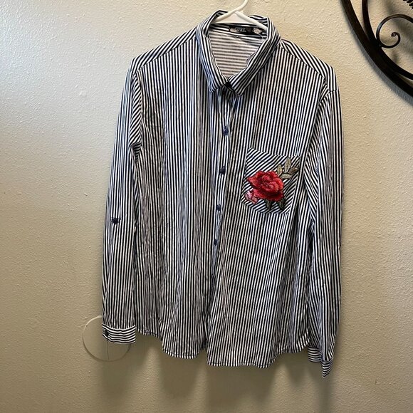 Cure Striped Button-Up Shirt Embroidered Rose Pocket Long Sleeves 2XL Blue White - Picture 1 of 9